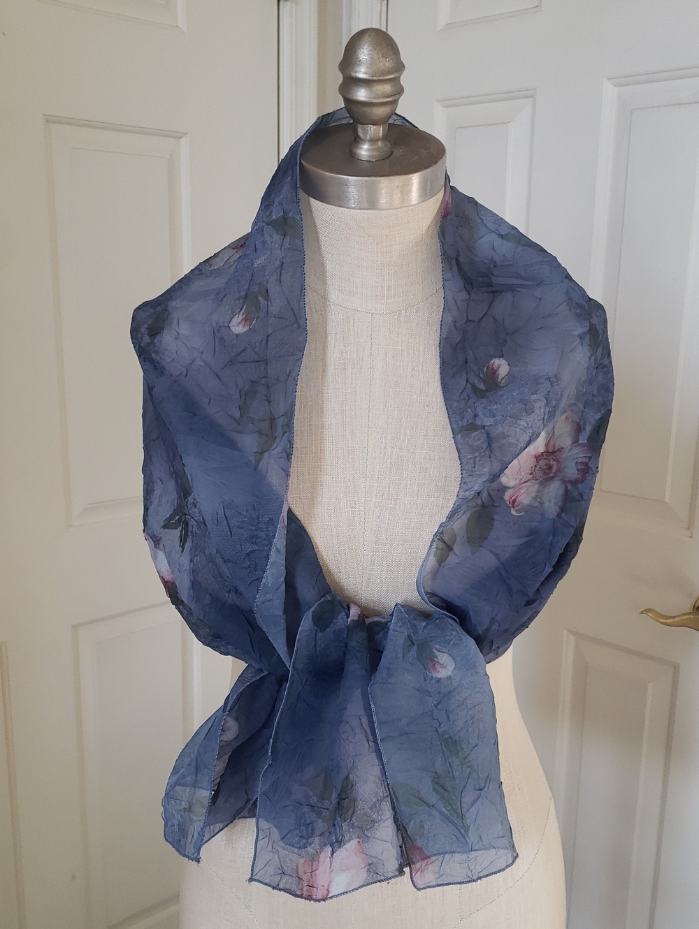 Blue Watercolor Floral Crinkle Chiffon Scarf Sheer Romantic Wrap 58x13 - Picture 4 of 10